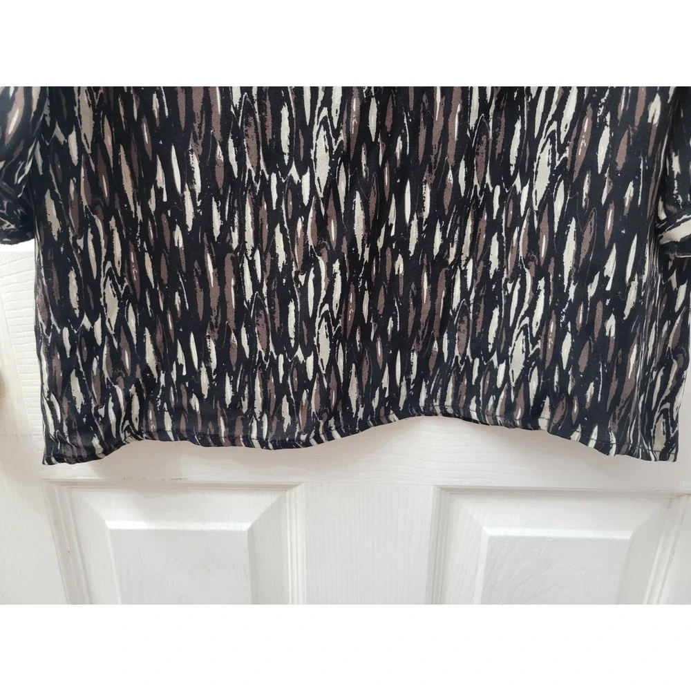 Tory Burch Silk Ruffle V-Neck Blouse 3/4 Sleeve Abstract Print Black Brown Sz 8